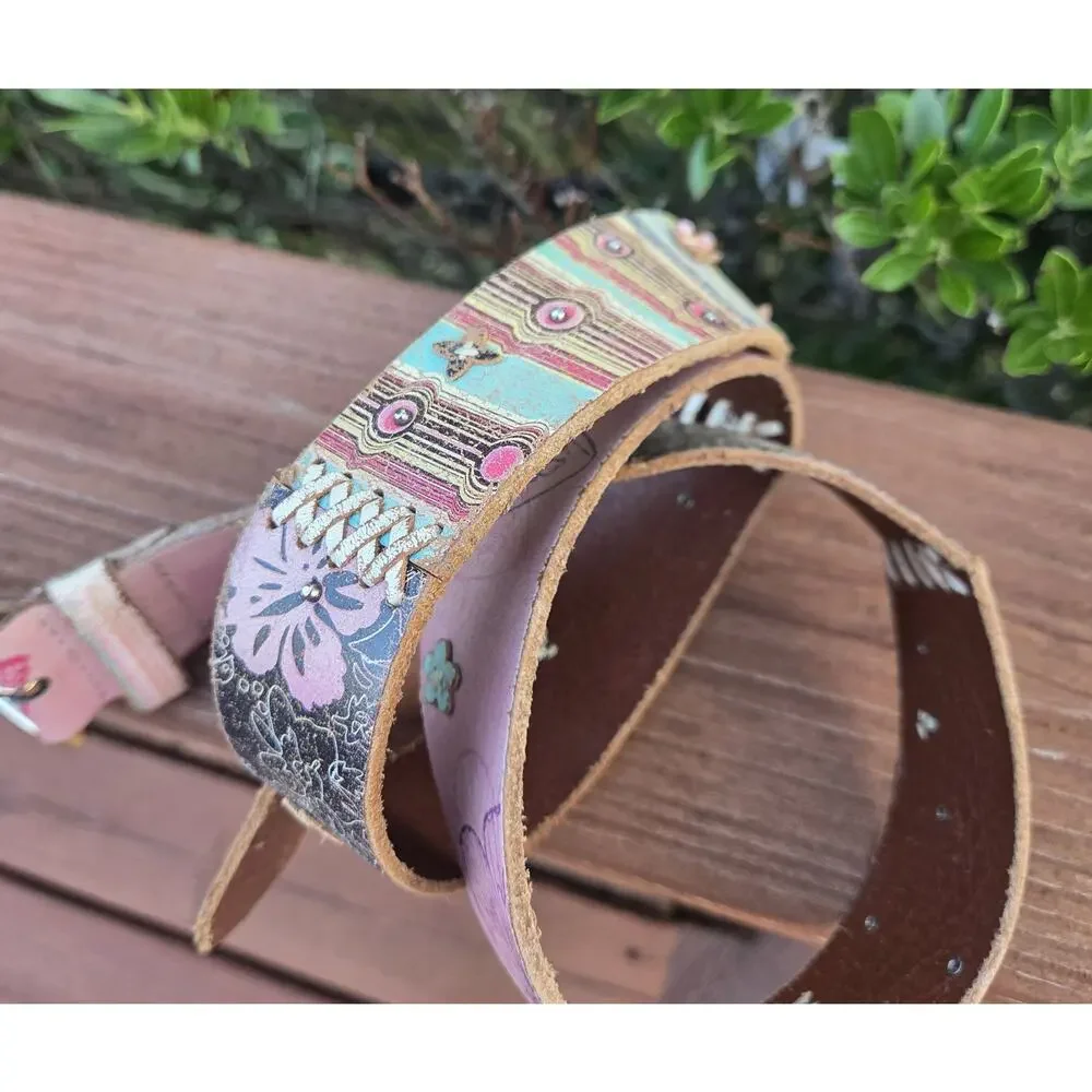 Fossil Boho Floral Leather Belt Pink Turquoise Whipstitch Western Festival L